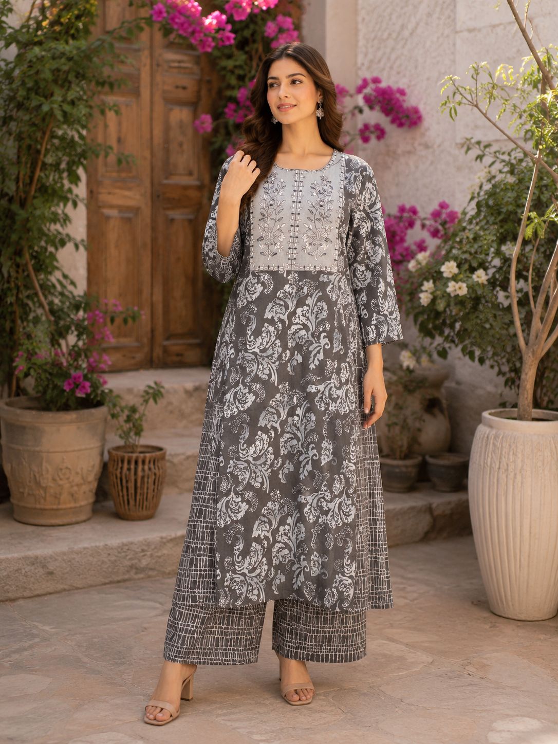 Slate Grey floral embroidered Cotton...