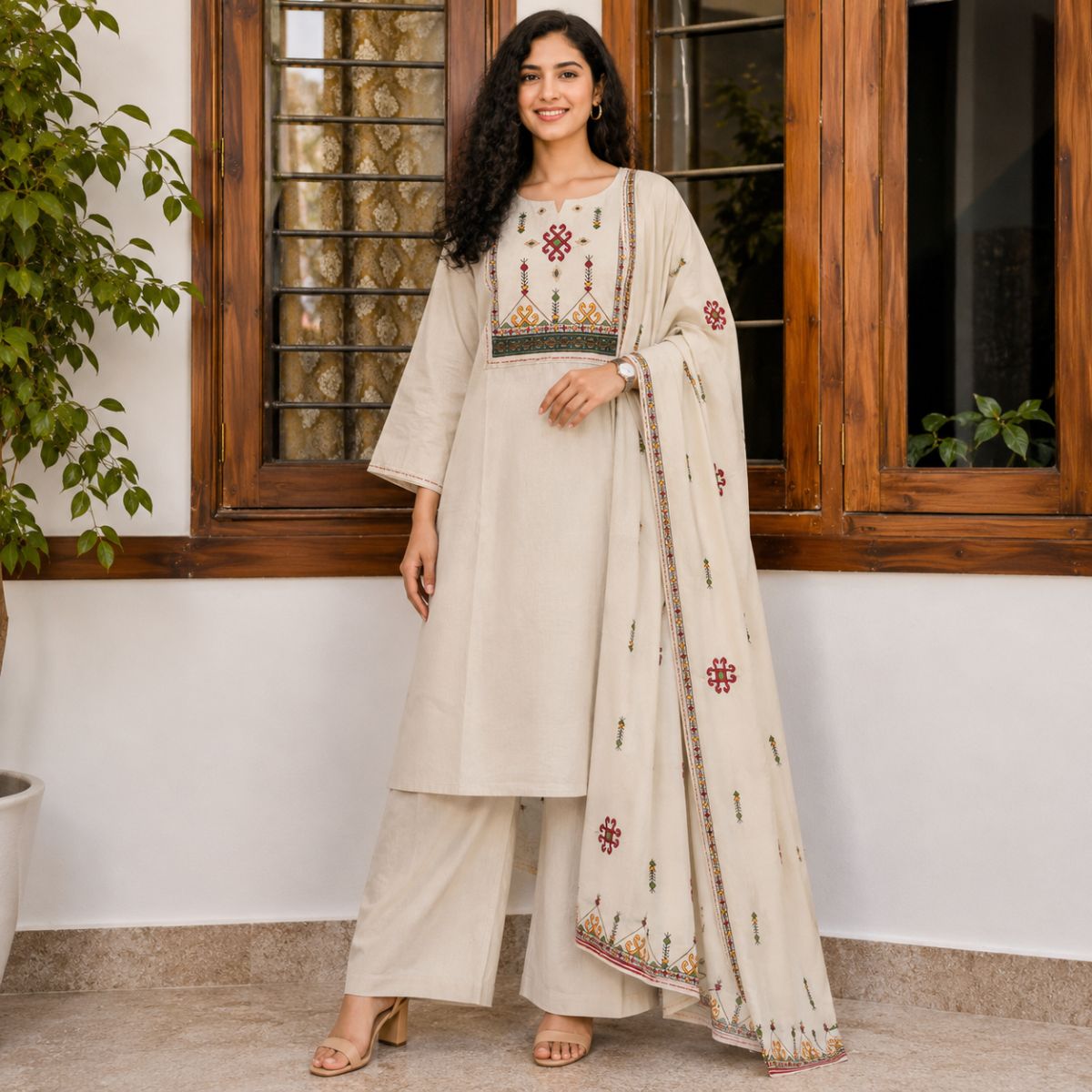 Premium Embroidered Cotton Kurta Palazzo...