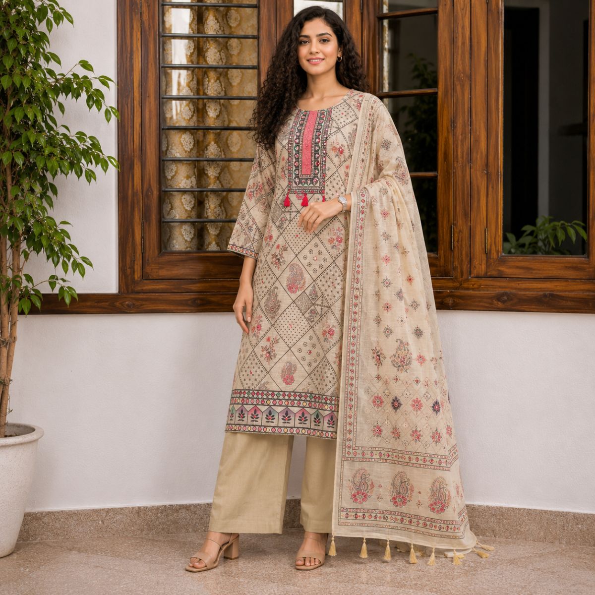 Elegant Geometric & Floral Cotton-Flex...