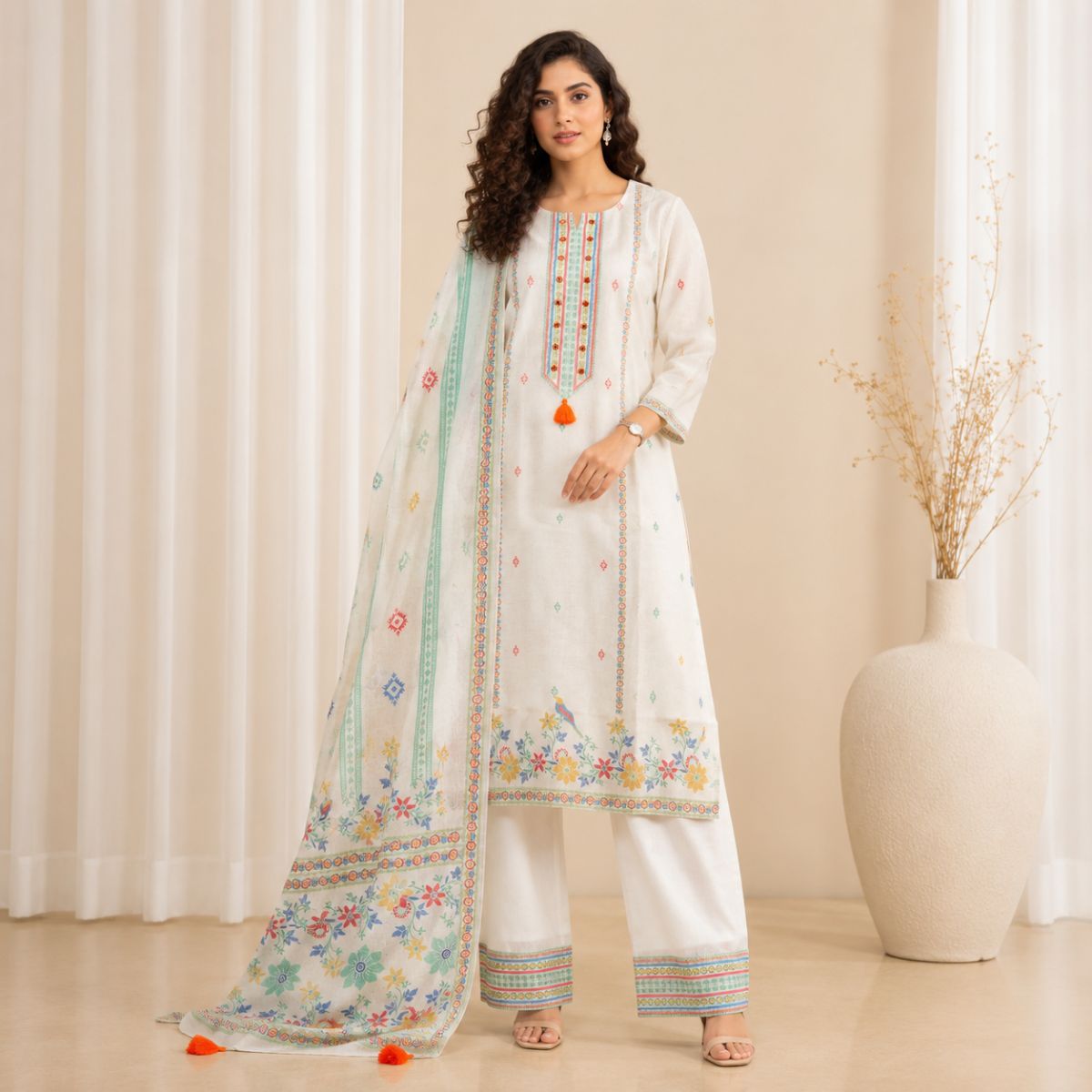 Ivory Cotton Embroidered Straight Kurta...