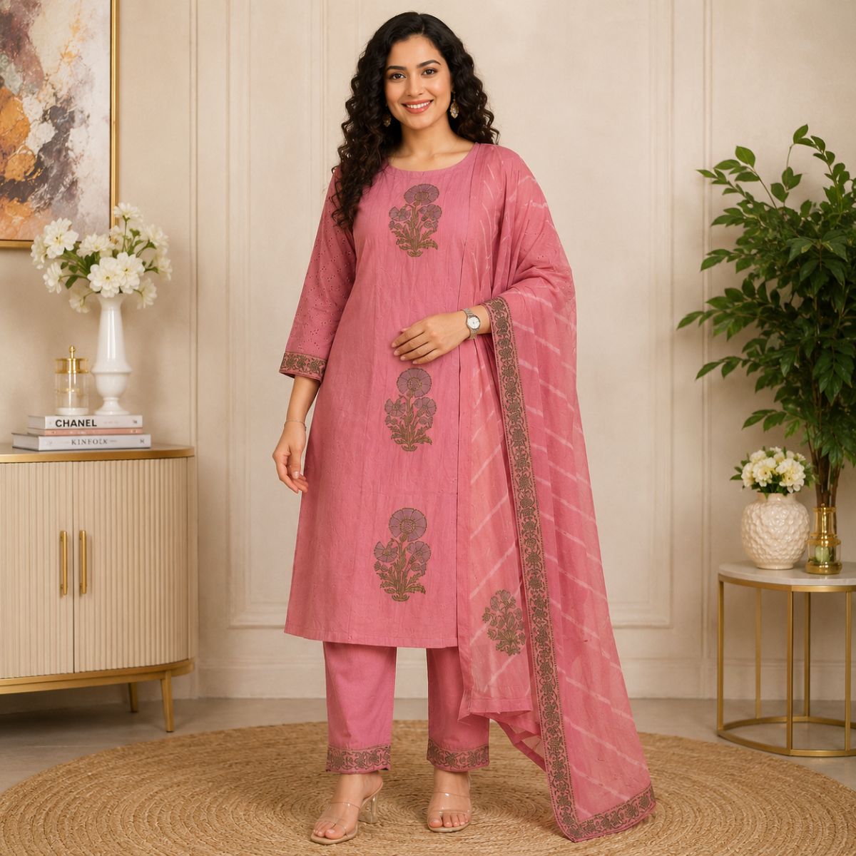 Women Pink Cotton Schiffli Straight...