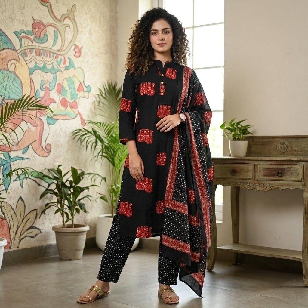 Midnight Noir Elephant Print Cotton...