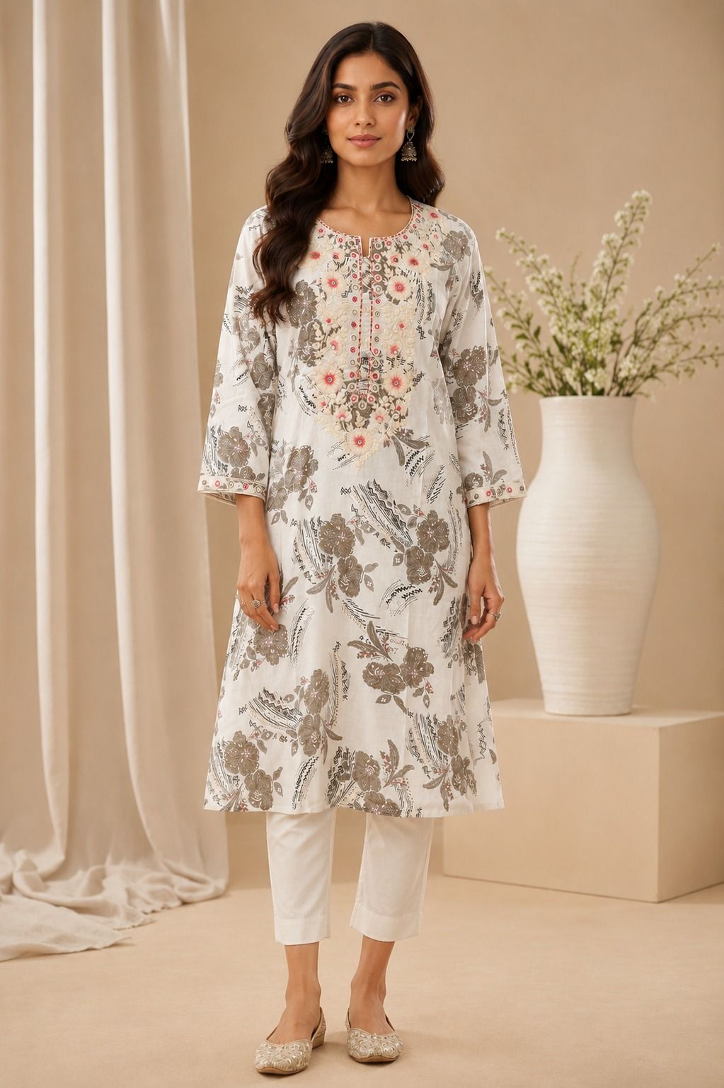 Elegant Off-White & Grey Floral...