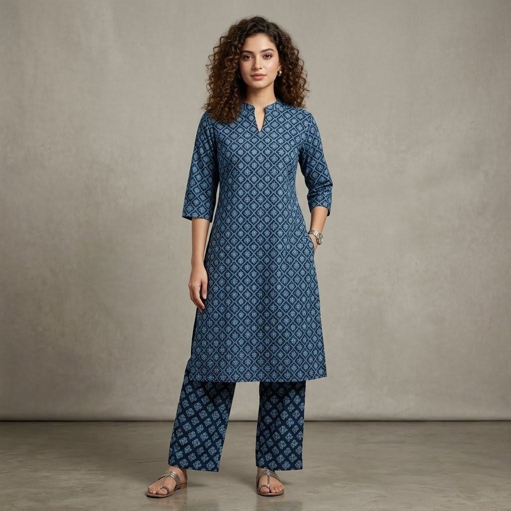 Indigo Lattice Geometric Printed Cotton...