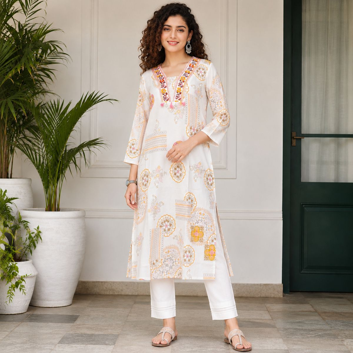 Off-white multi-print regular kurtI Image