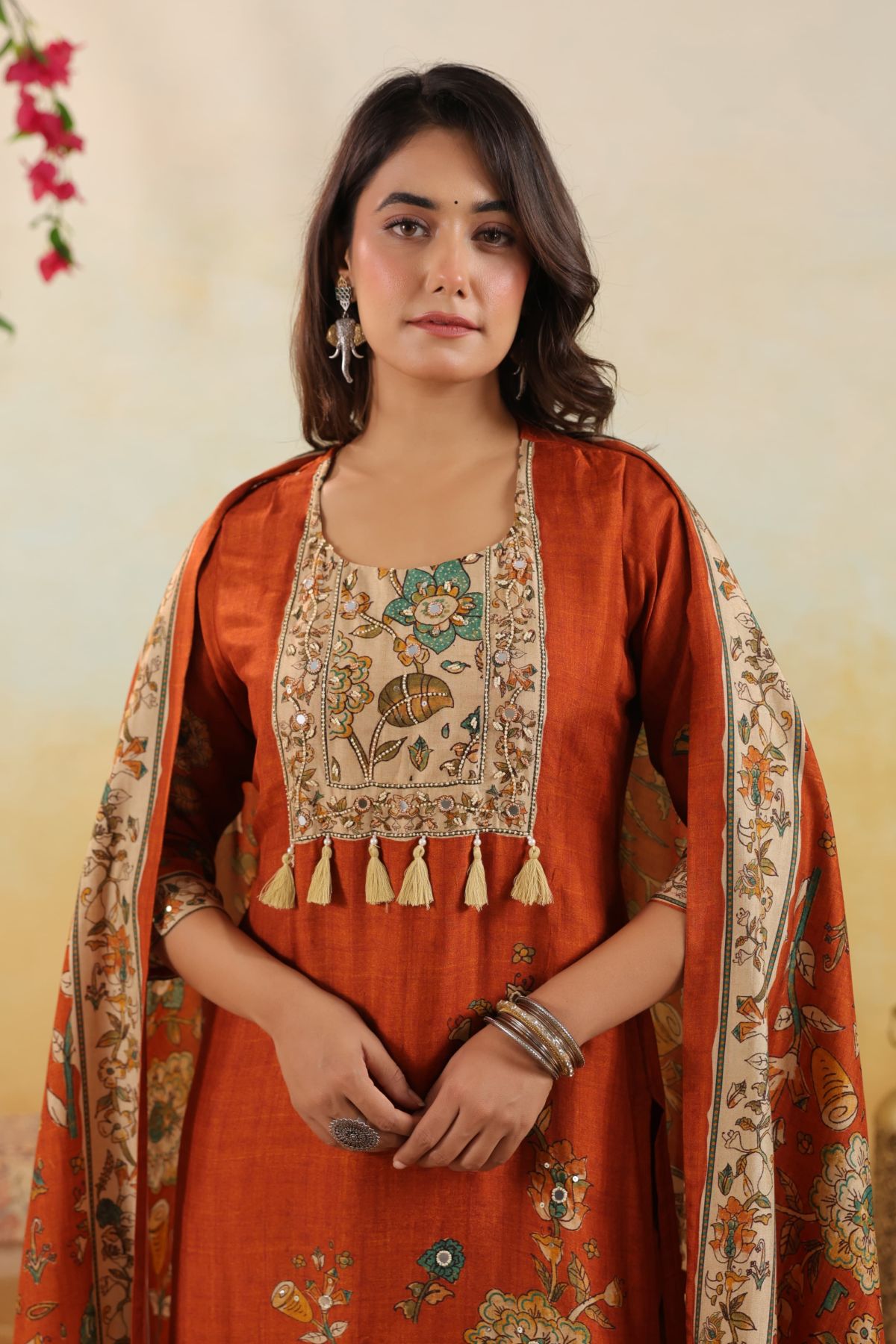 Rust Terracotta Kalamkari Hand-Embroidered Image