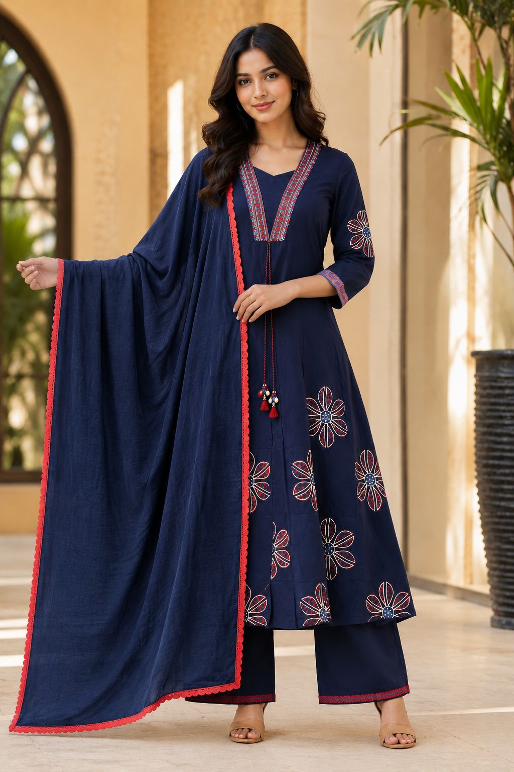 Midnight Navy Blue Floral Printed Anarkali Kurta Set