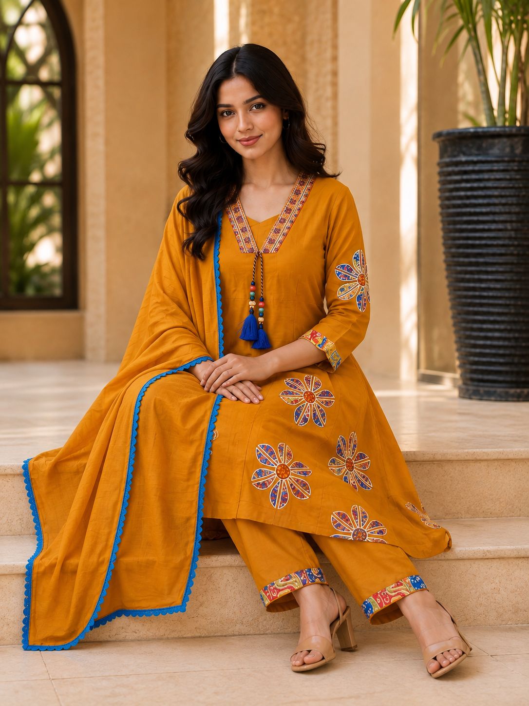 Mustard Yellow Floral Printed Anarkali Kurta Set