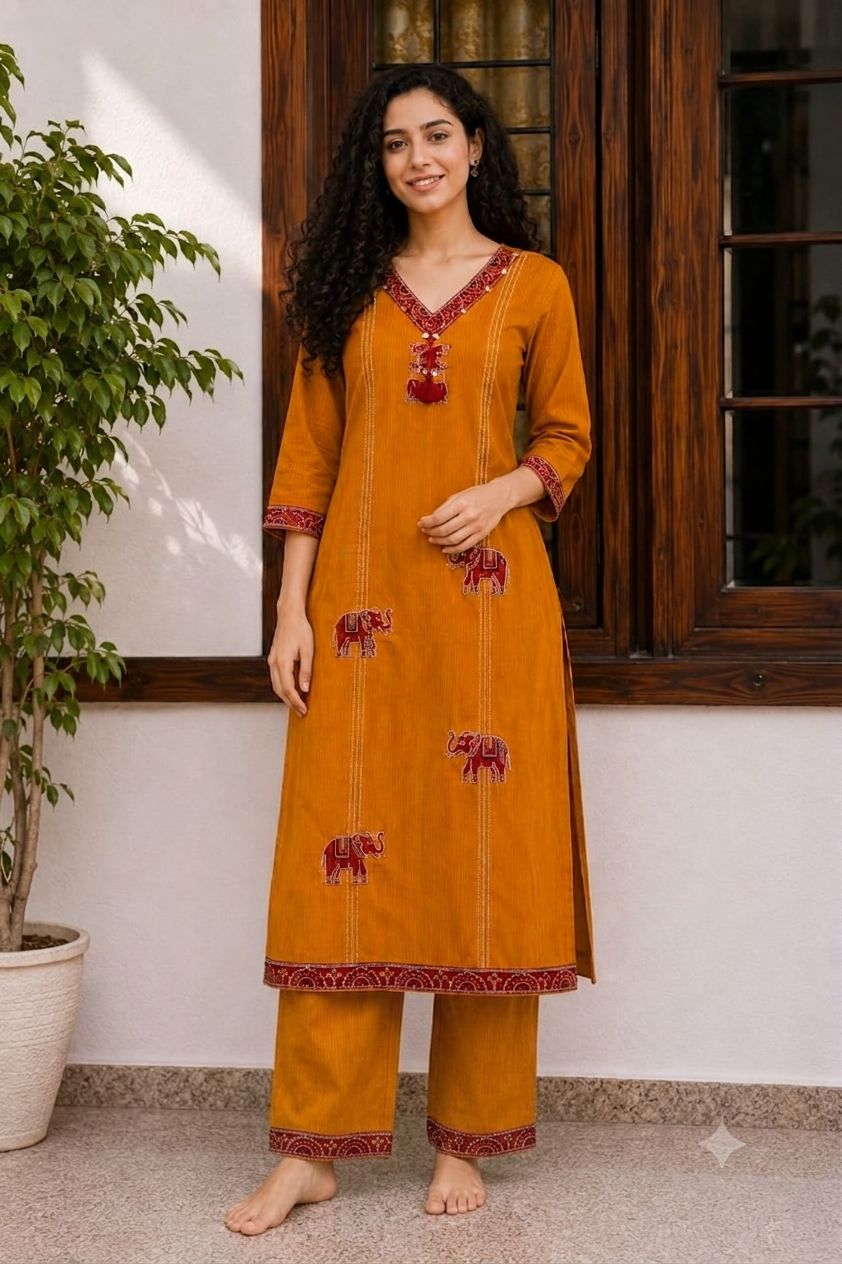 Mustard Yellow Elephant Motif Straight Kurta with Trousers