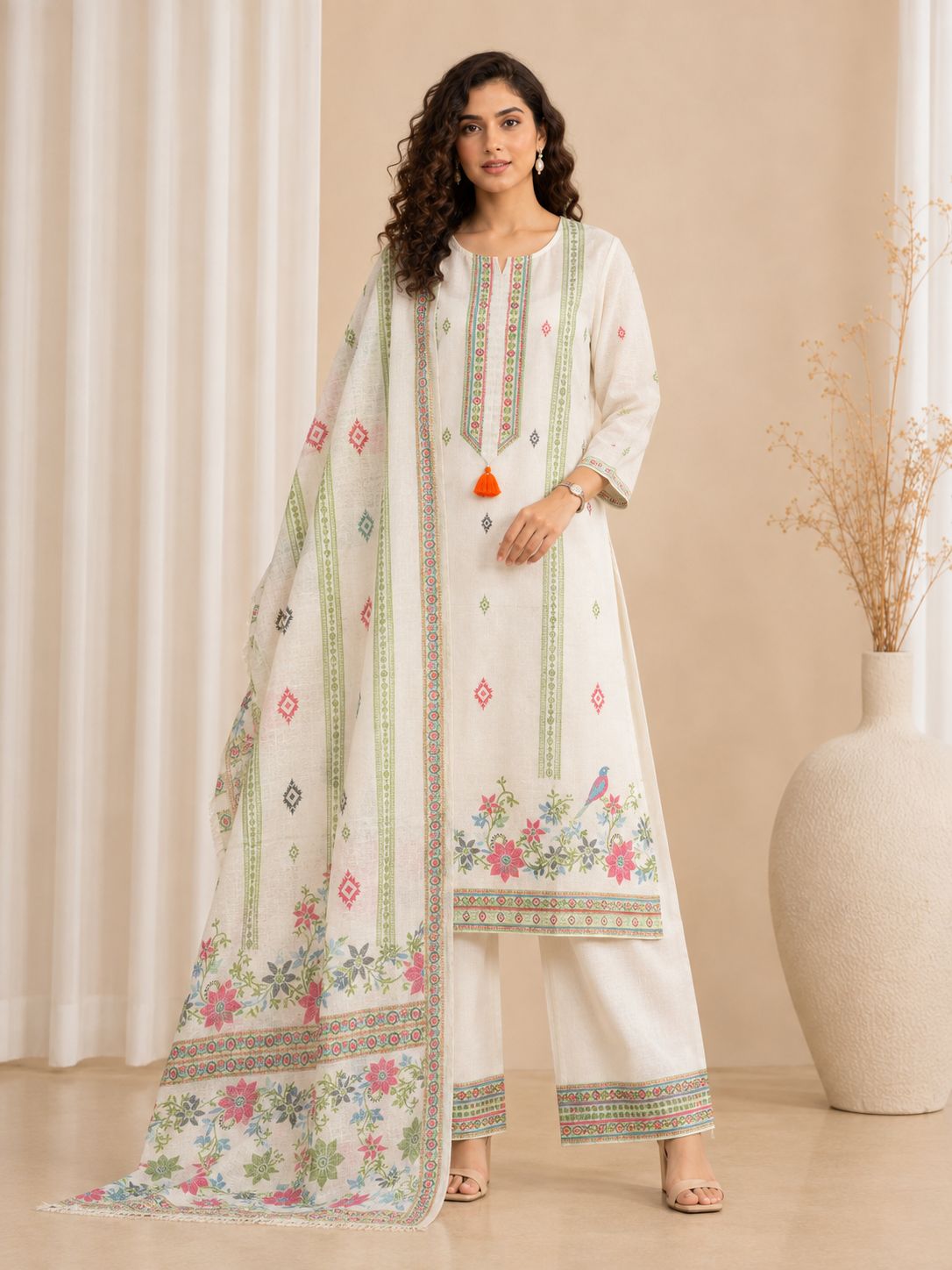 Off-White Pure Khadi Cotton Embroidered Kurta Set