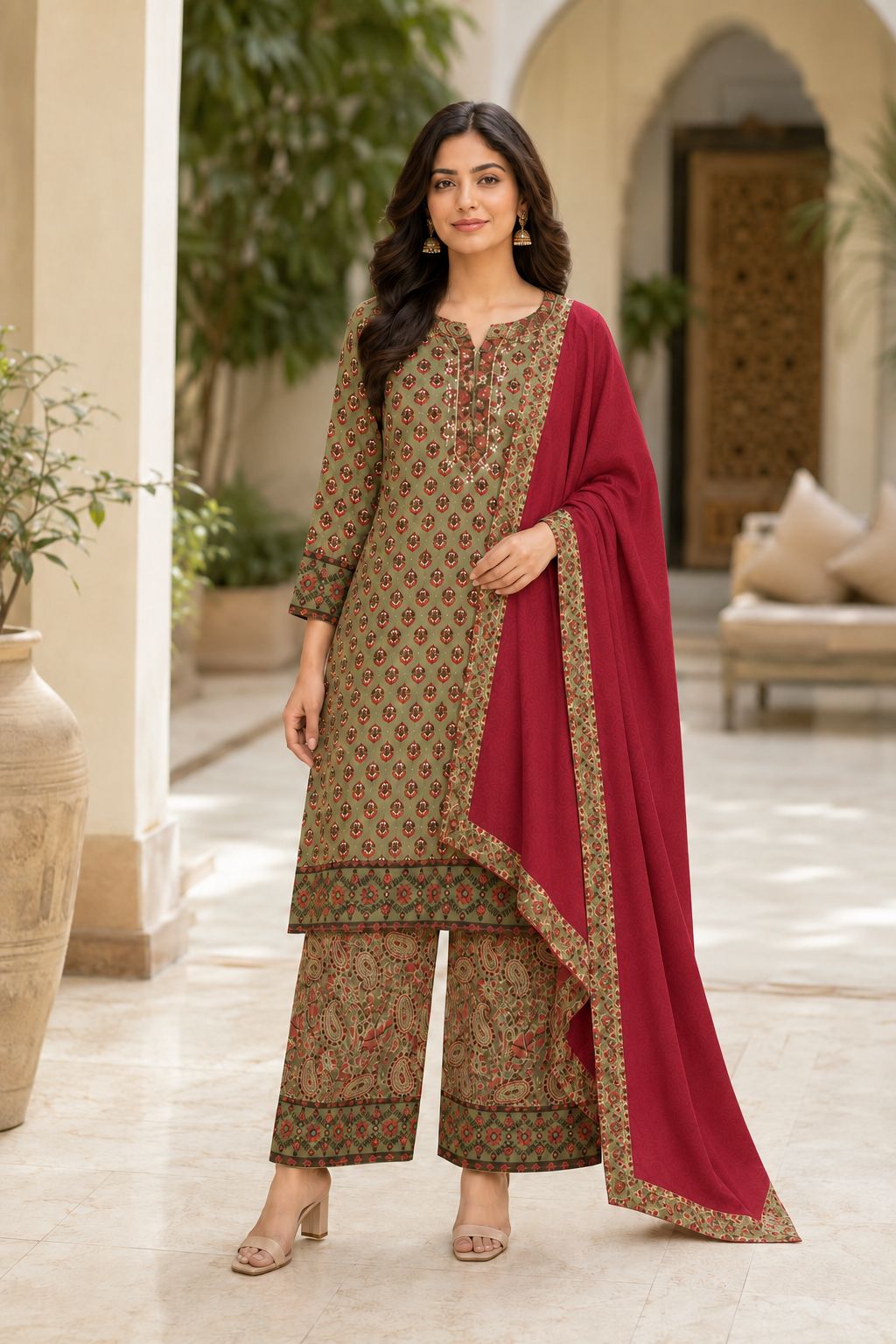 Olive Green Printed Cotton Kurta Set with Crimson Red Dupatta