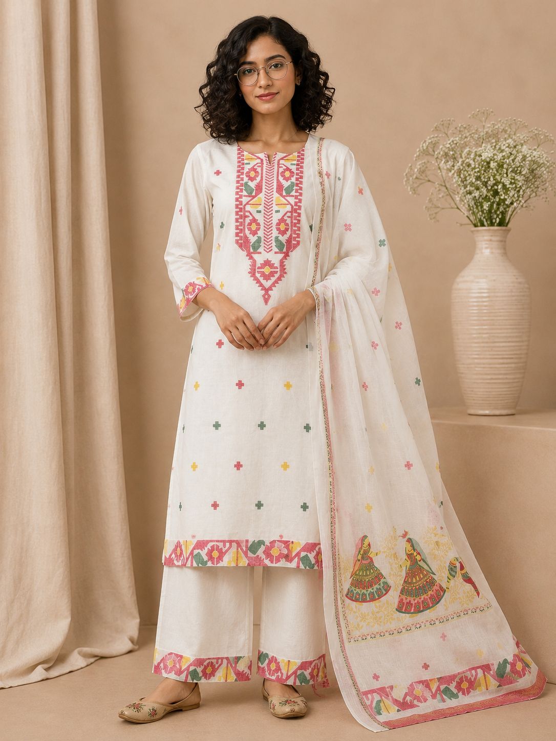 Off-White Cotton Printed Kurta, Palazzo & Dupatta Set