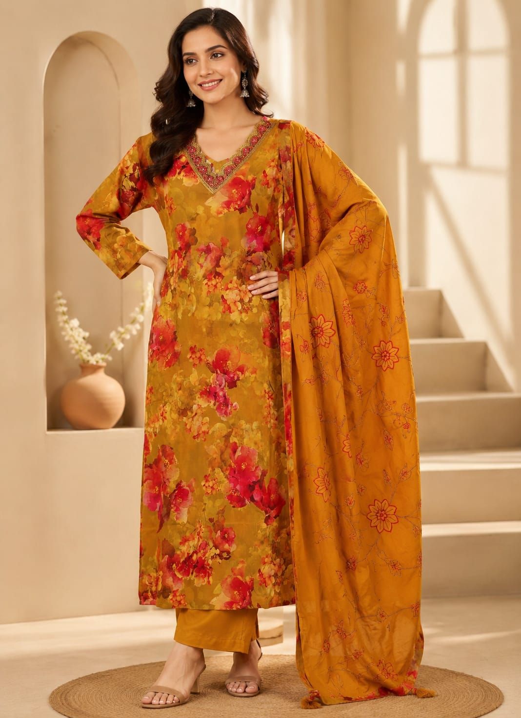 Mustard Floral Printed Chanderi Kurta Set