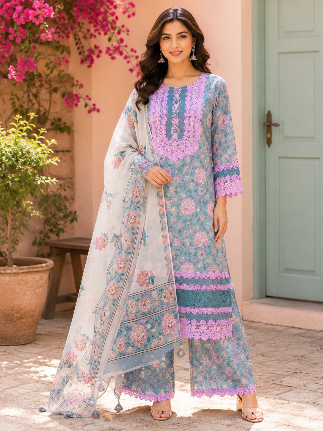 Pastel Floral Printed Cotton Kurta Set