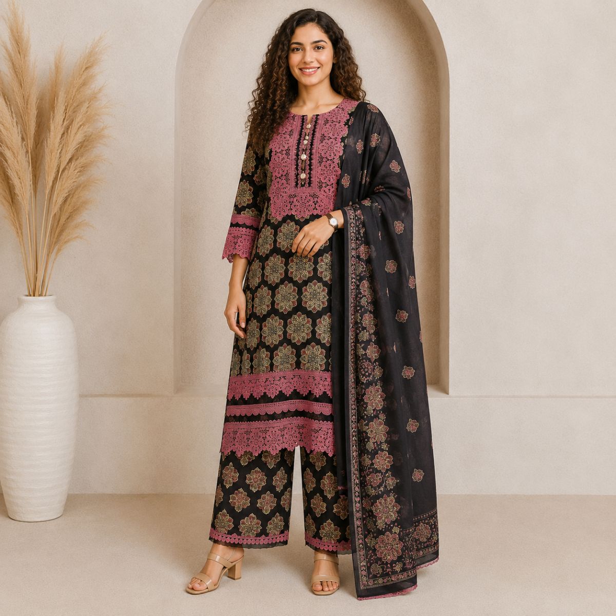 Pakistani Style Black & Dusty Rose Kurta Set