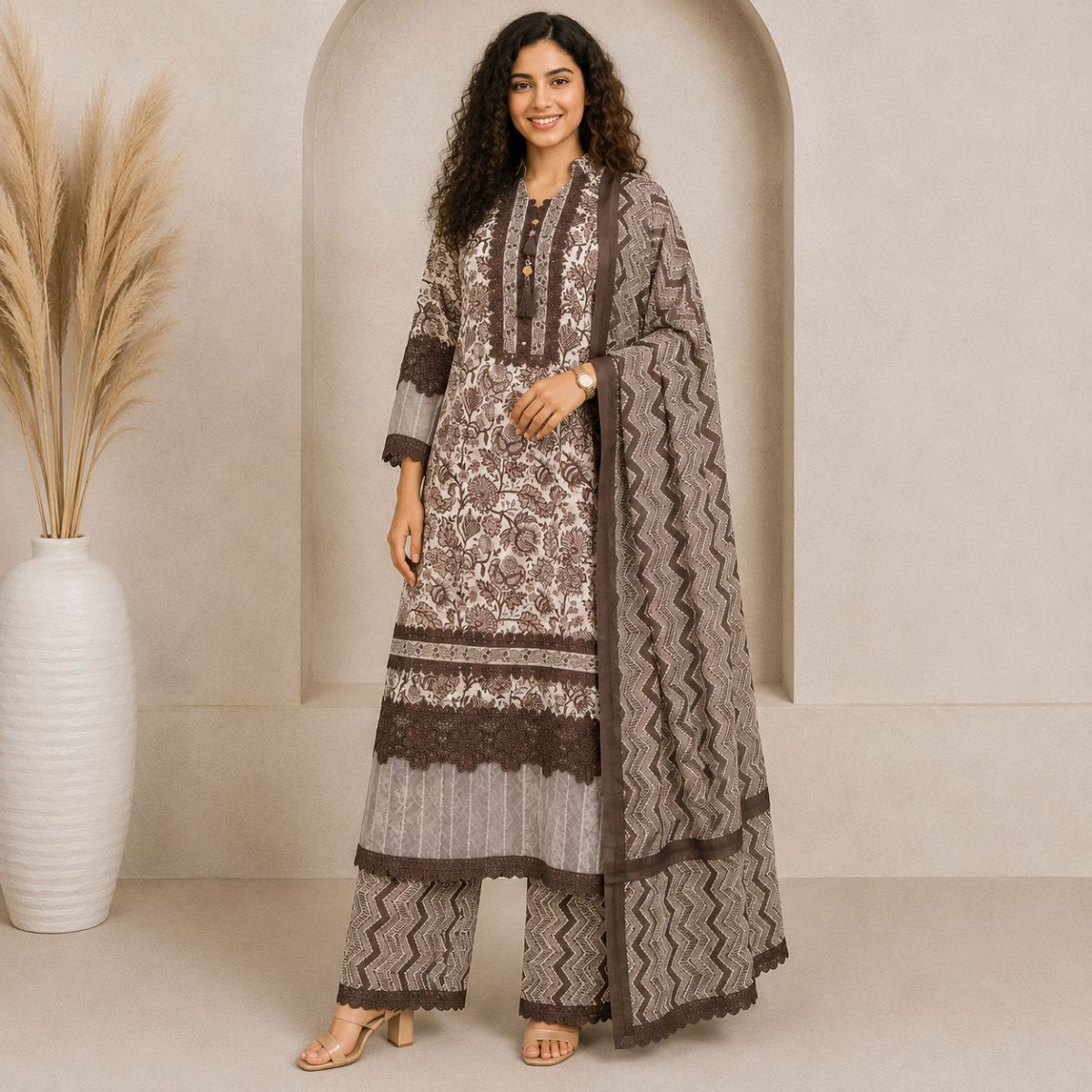 Floral Printed Cocoa Brown Kurta Set