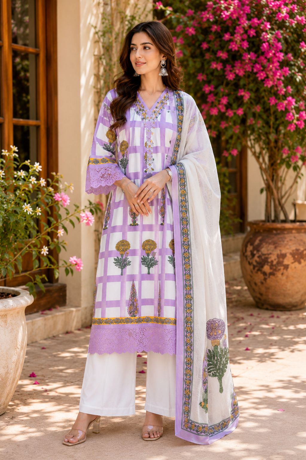Lavender Grid Floral Cotton Kurta Suit
