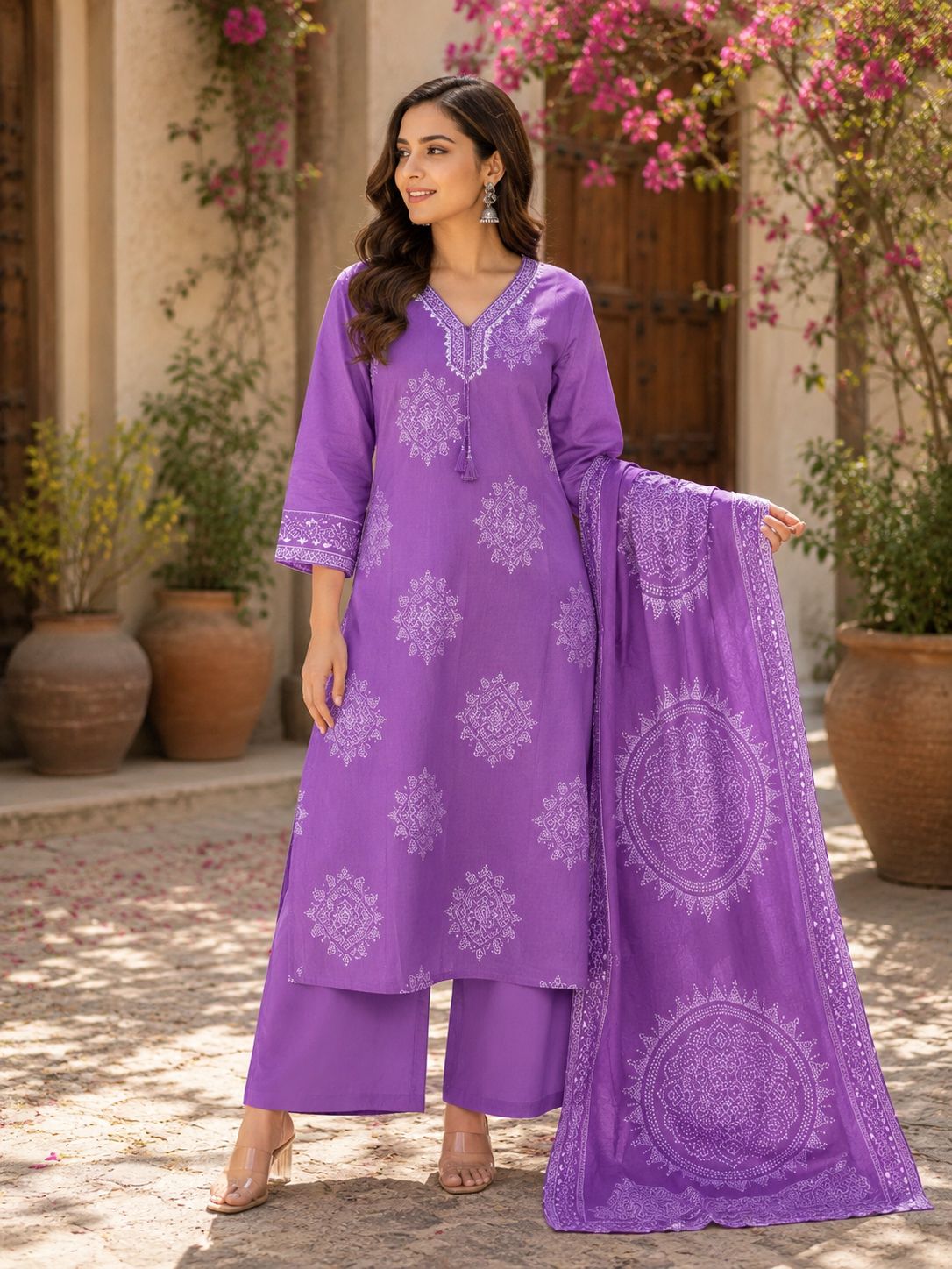 Iris Violet Mandala Printed Cotton Kurta Palazzo Set