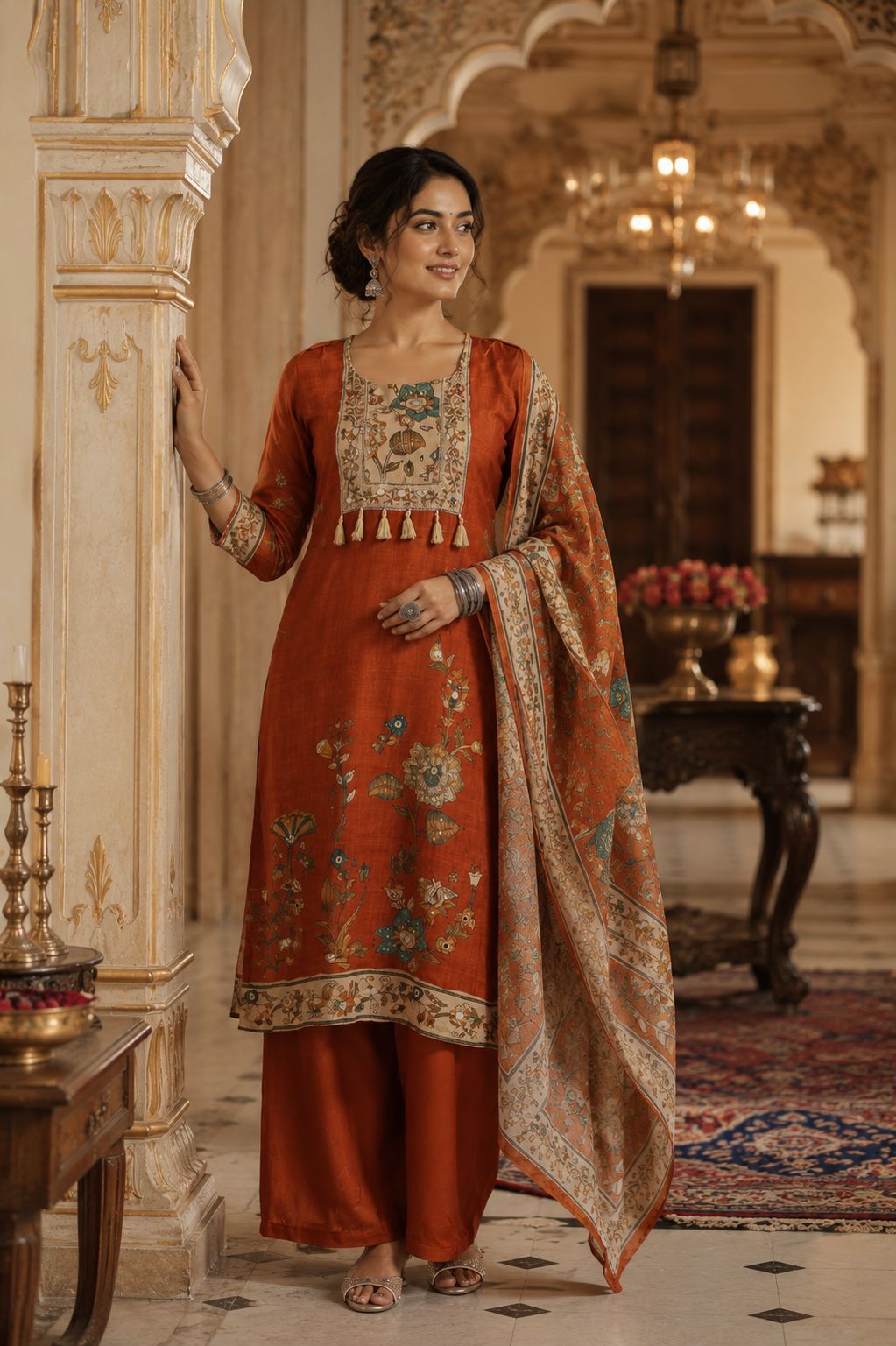 Rust Terracotta Kalamkari Hand-Embroidered Silk Kurta Set