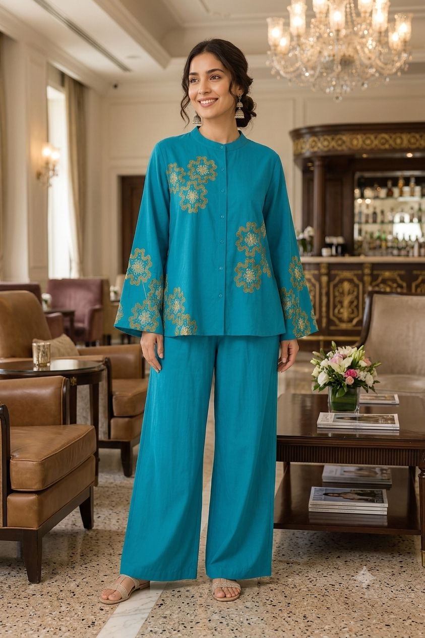 Azure Bloom Embroidered Co-ord Set