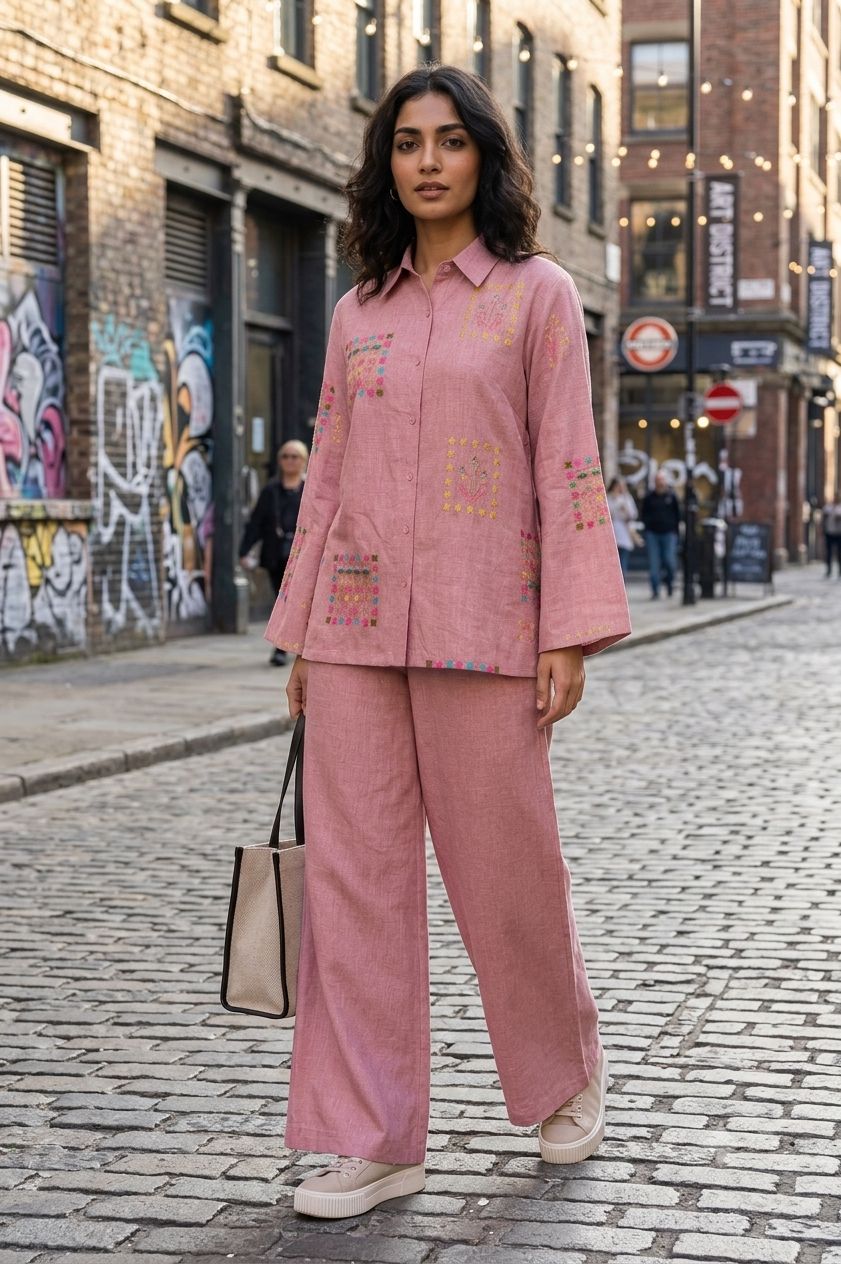 Aanya Women's Dusty Rose Linen Embroidered Co-Ord Set