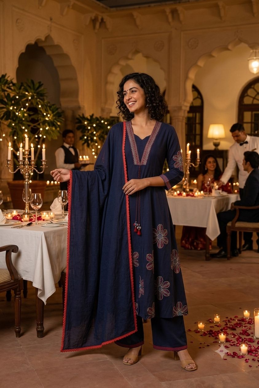 Midnight Navy Blue Floral Printed Anarkali Kurta Set