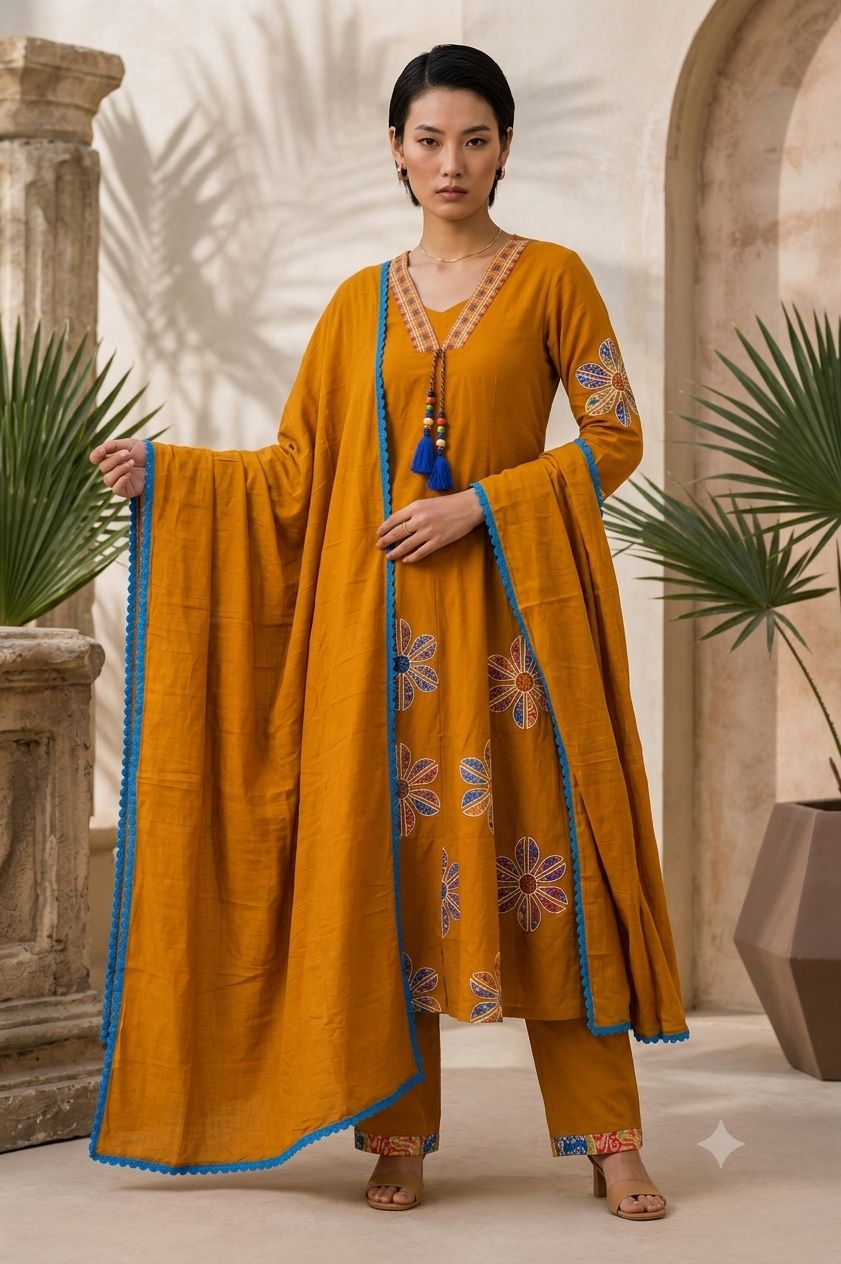 Mustard Yellow Floral Printed Anarkali Kurta Set