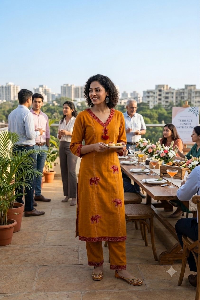 Mustard Yellow Elephant Motif Straight Kurta with Trousers