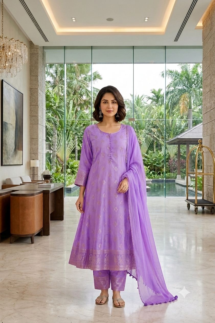 Aradhana Women's Royal Purple Gold Foil Print Anarkali Suit Set