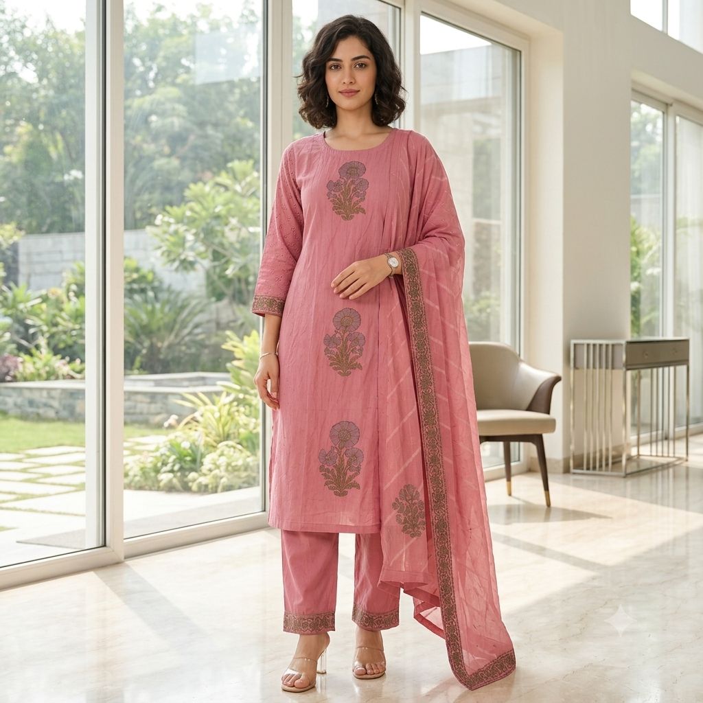 Women Pink Cotton Schiffli Straight Kurta with Trousers & Leheriya Dupatta