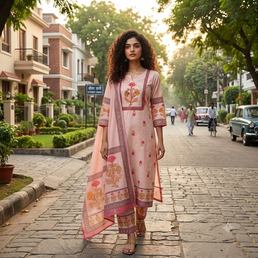 Elegant Peach Cotton Anarkali Suit Set with Block-Print Dupatta