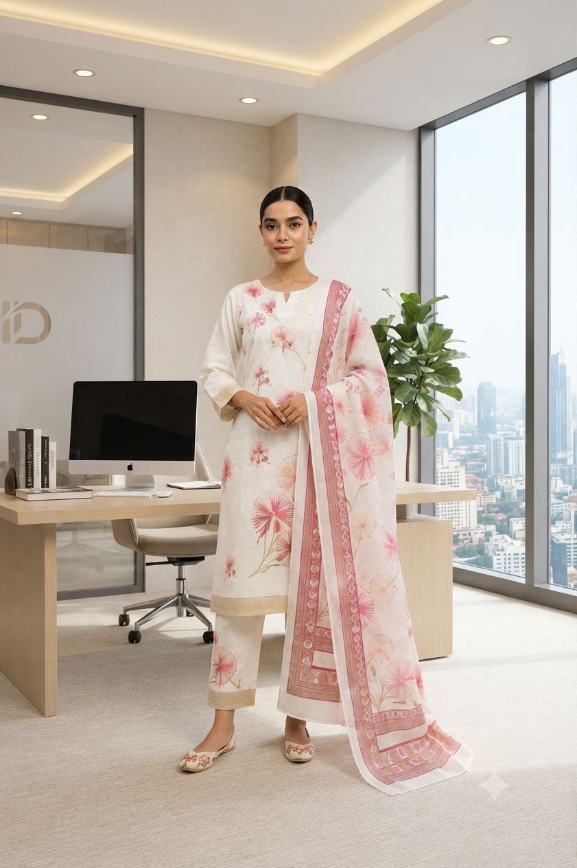 The Ivory Breeze Hand-Block Floral Cotton-Silk 3-Piece Kurta Set