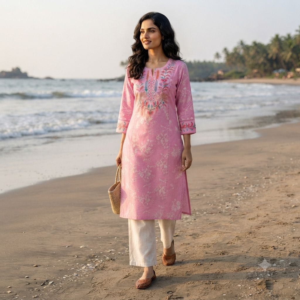 Elegant Rose Pink Floral Embroidered Kurti