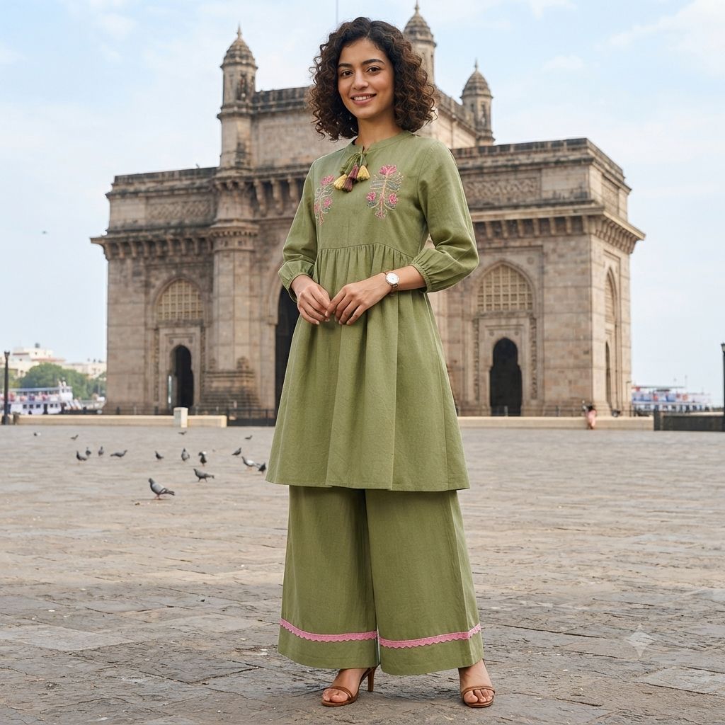 Olive Green Cotton Flax Tunic & Flared Palazzo Co-ord Set